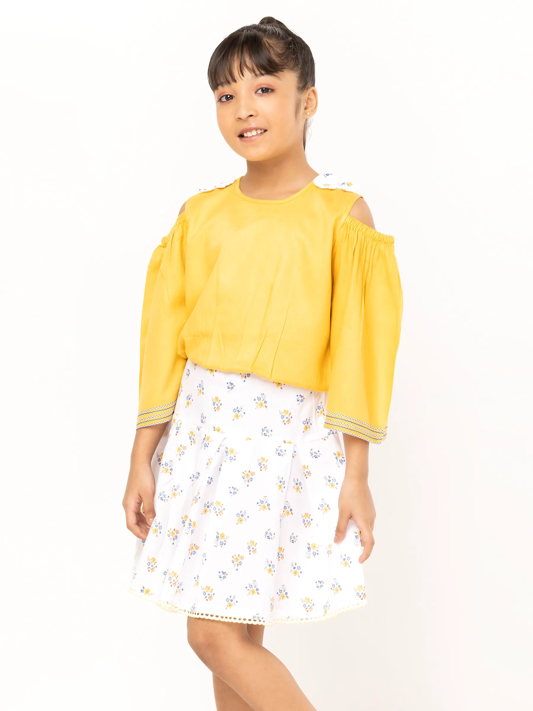 Yellow Printed Cotton Skirt Top Set